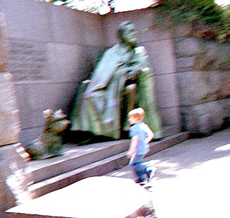 Kid rushing to have picture taken at FDR memorial